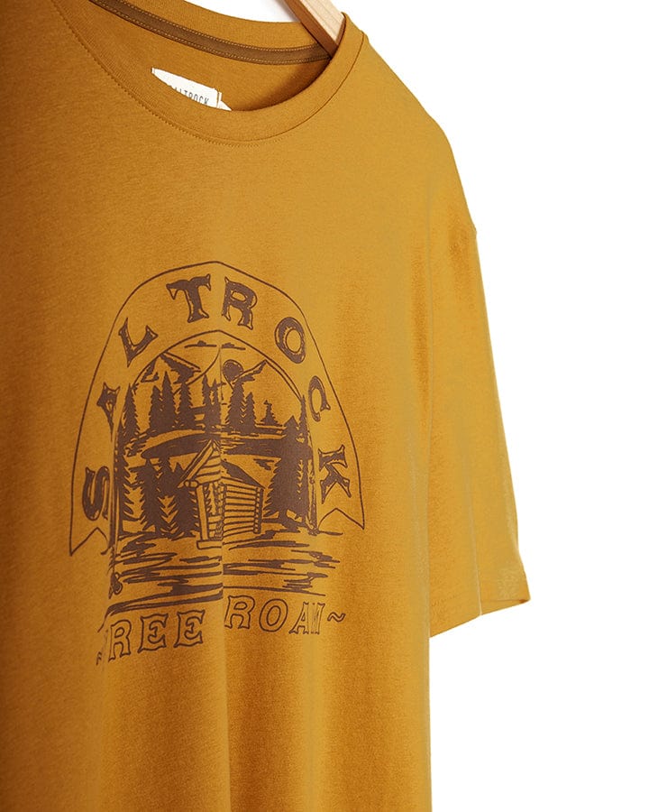 A yellow Saltrock Camping Cabin - Mens Short Sleeve T-Shirt - Yellow, made of cotton, featuring the Saltrock branding.