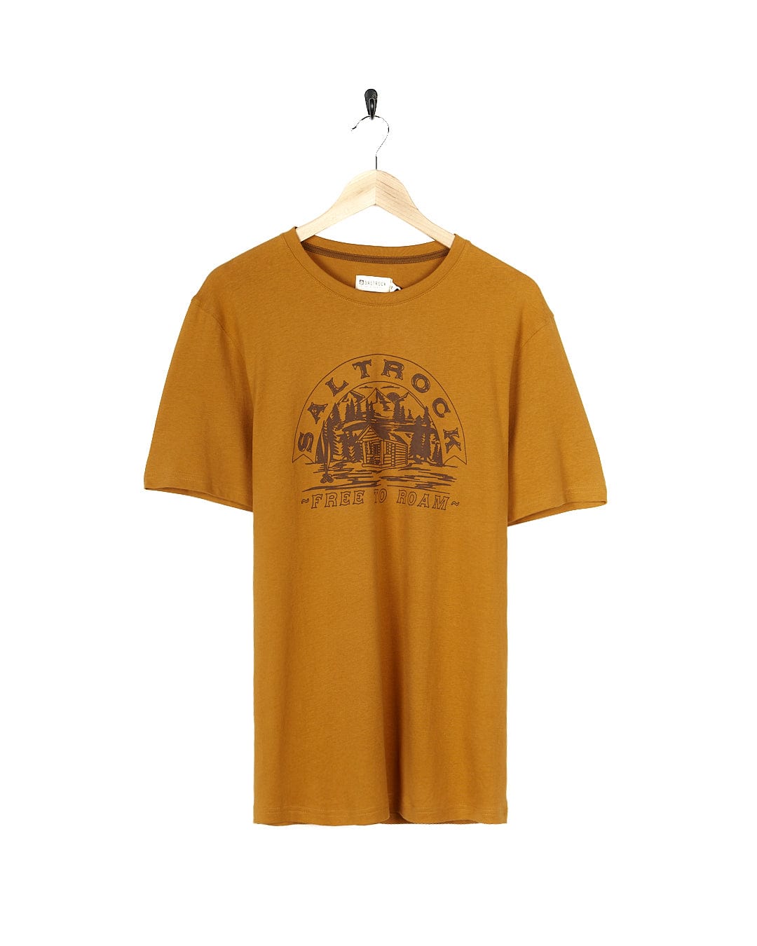 A Camping Cabin - Mens Short Sleeve T-Shirt - Yellow by Saltrock with an image of a horse on it.