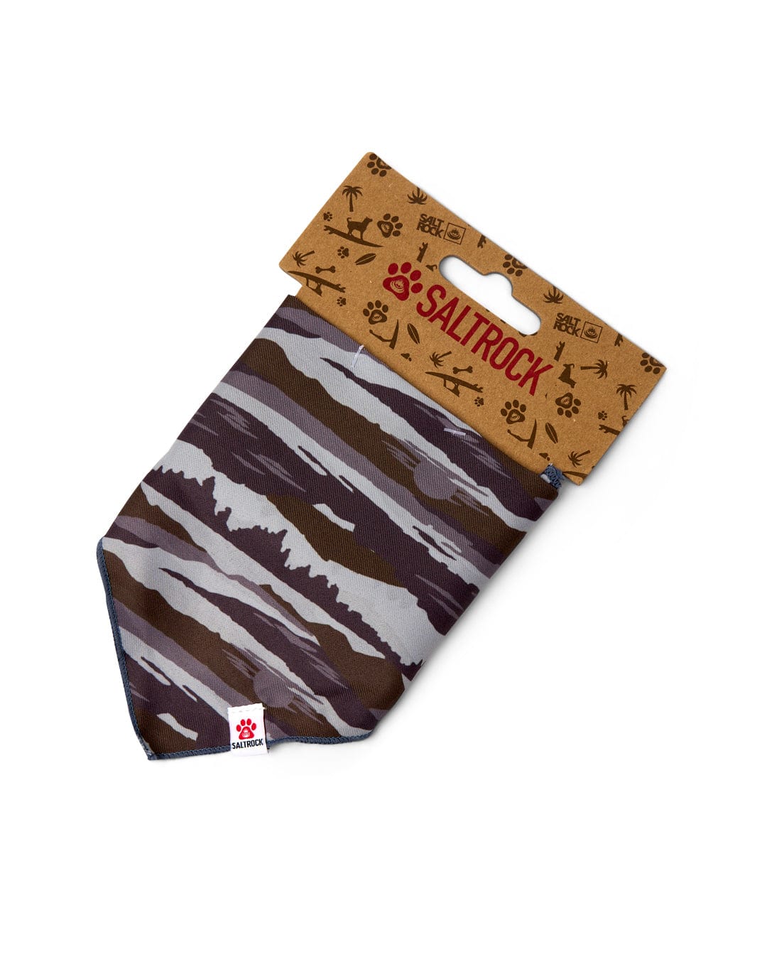 The Saltrock Camo Stripe - Pet Bandana - Green features a stylish camo design with a branded cardboard tag—ideal for pairing with a matching dog collar.