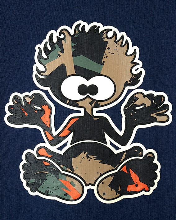 A Camo Tok - Kids Glow in the Dark Short Sleeve T-Shirt - Dark Blue featuring an image of a boy in a pose with Saltrock branding.