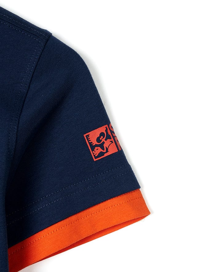A close up of a Saltrock Camo Tok - Kids Glow in the Dark Short Sleeve T-Shirt - Dark Blue polo shirt.