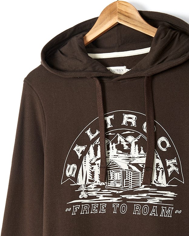 Saltrock Camping Cabin - Mens Pop Hoodie - Brown featuring a drawstring hood and Saltrock graphics. Perfect for cozy nights in the Camping Cabin.