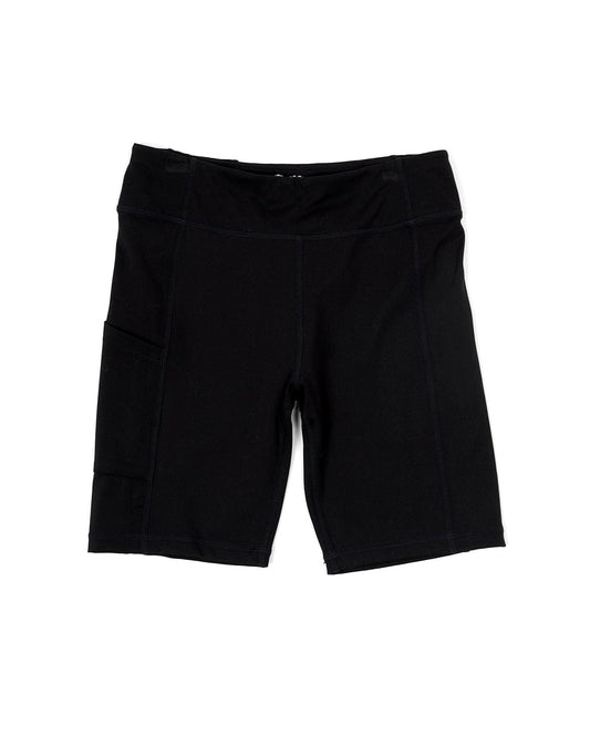 A women's Carly - Kids Cycling Short in black, with a zipper on the side, made of soft fabric and designed to reach mid thigh length by Saltrock.