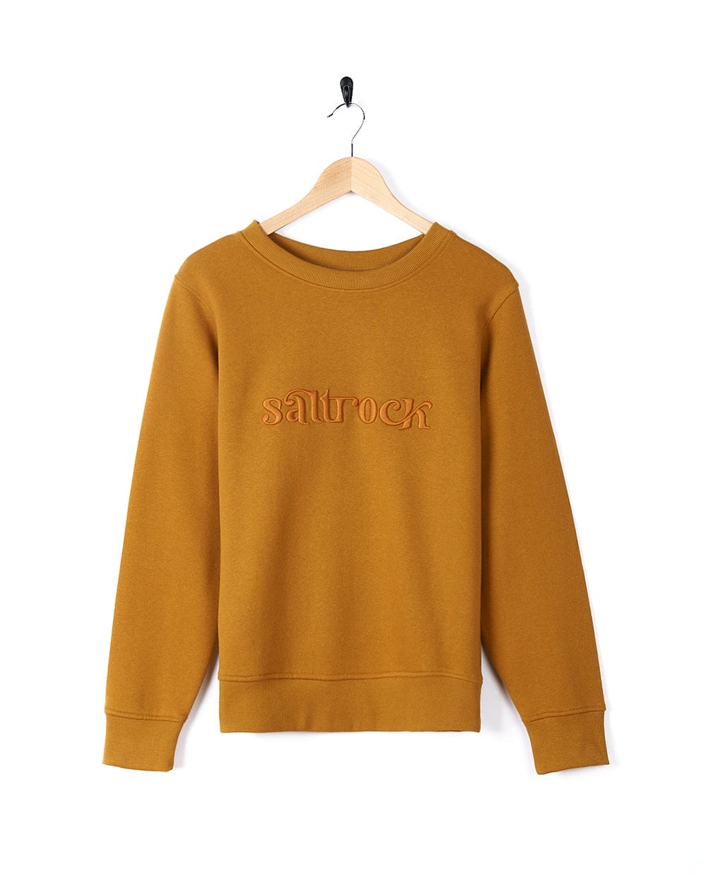 A Celeste - Womens Sweat - Yellow sweatshirt with the word saltwater on it, featuring Saltrock branding.