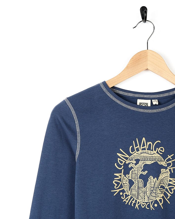 A blue long sleeve t-shirt with the words 'change the world' and Saltrock branding on it, perfect for everyday adventures.
