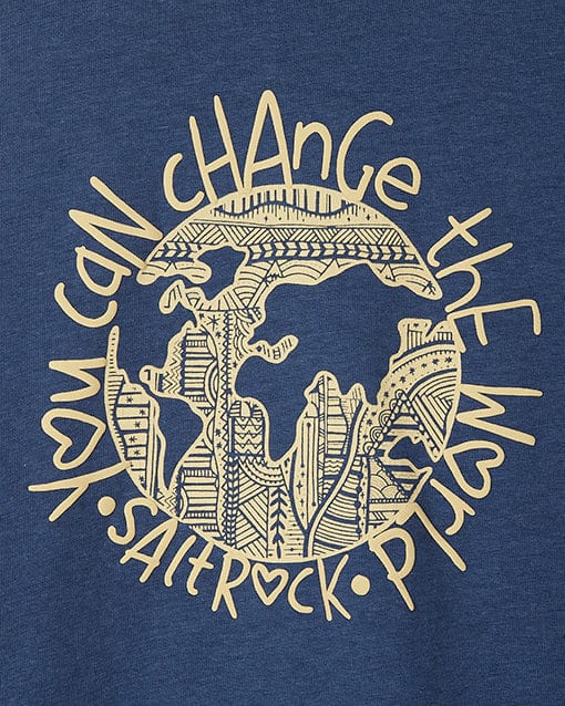 A blue t-shirt with Saltrock branding that says Change The World.