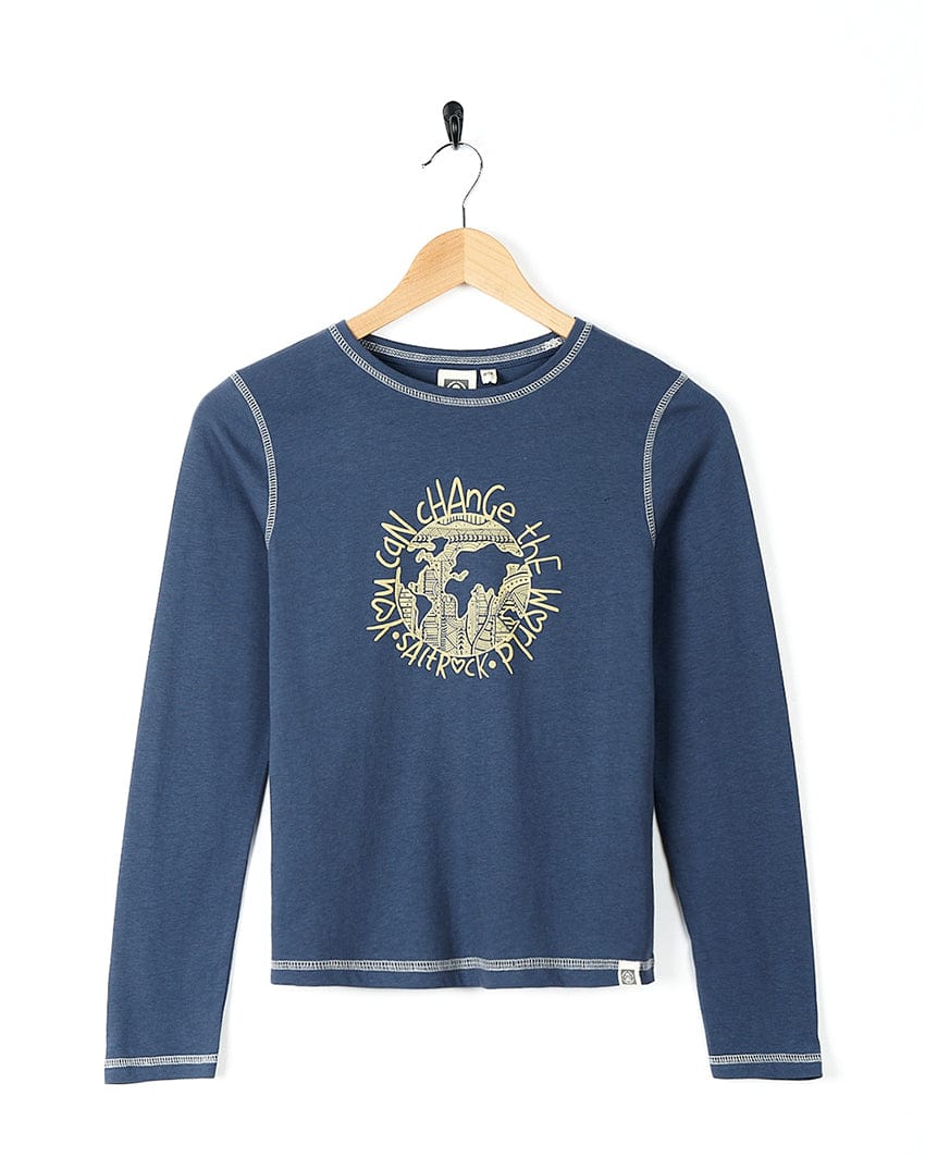 A blue long-sleeved Change The World - Kids Long Sleeve T-Shirt - Blue with a gold Saltrock branding.