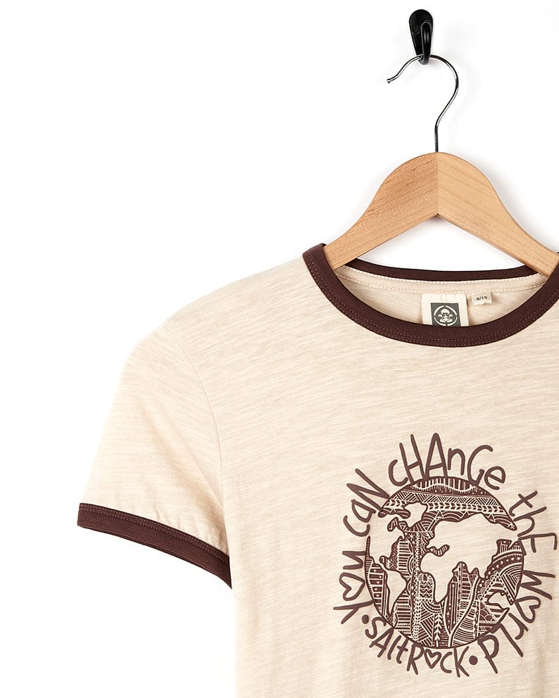 A Change The World - Kids Short Sleeve T-Shirt - Cream by Saltrock, with an image of the earth, designed to Change The World.