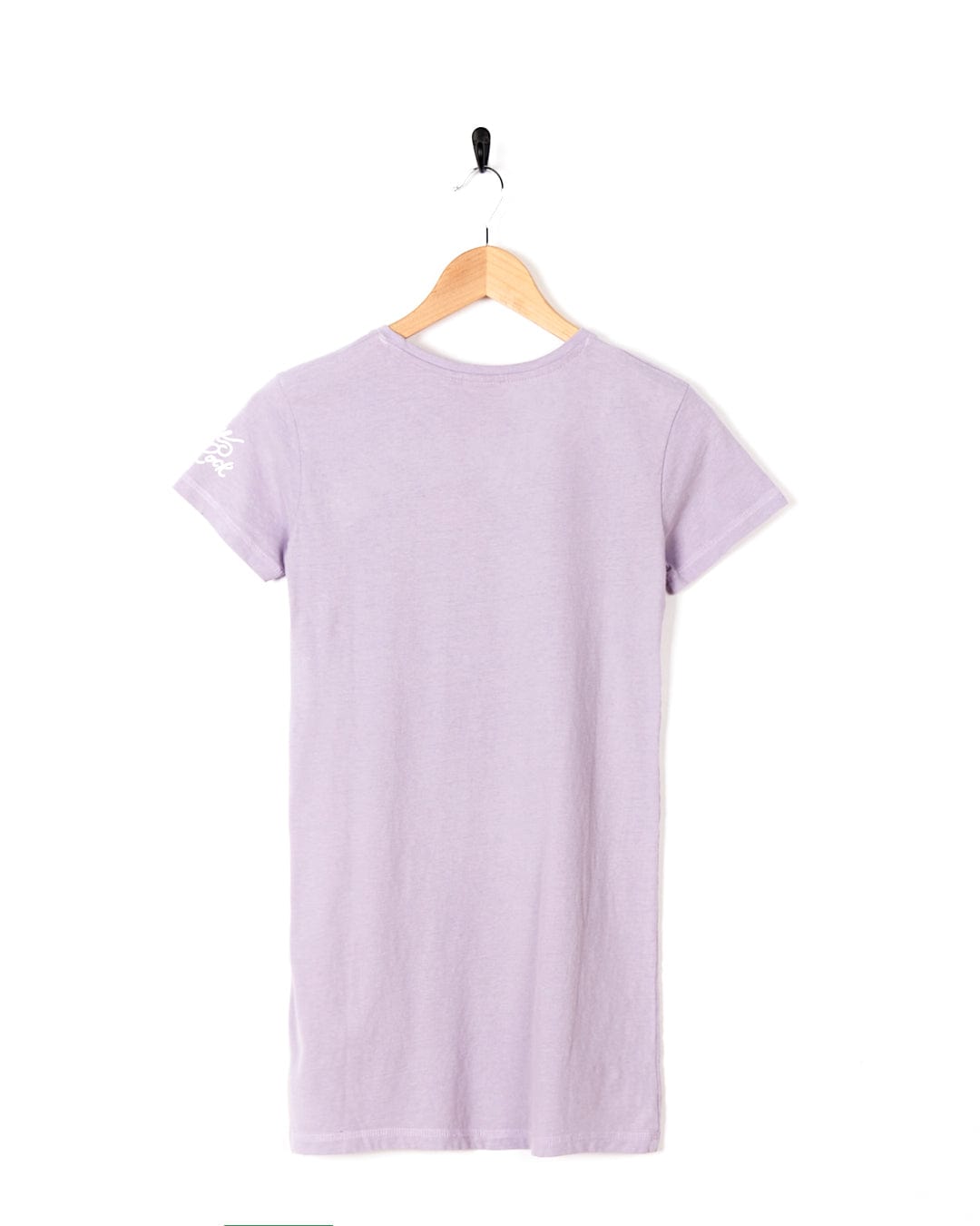 A Saltrock women's lavender t-shirt hanging on a wooden hanger.