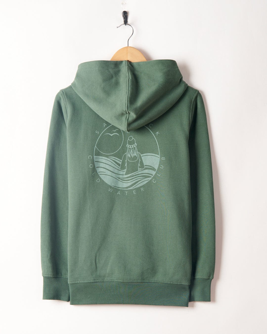 Green Coldwater Club hoodie from Saltrock, hanging on wooden hanger against a white background.