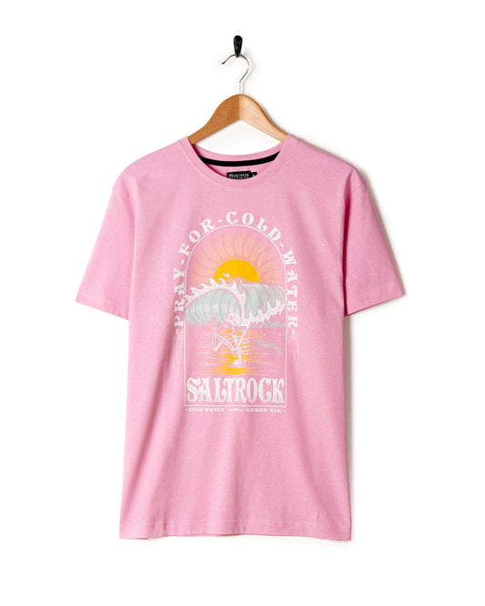 A Cold Water Women's Short Sleeve T-shirt in Pink by Saltrock with an image of a sunset.