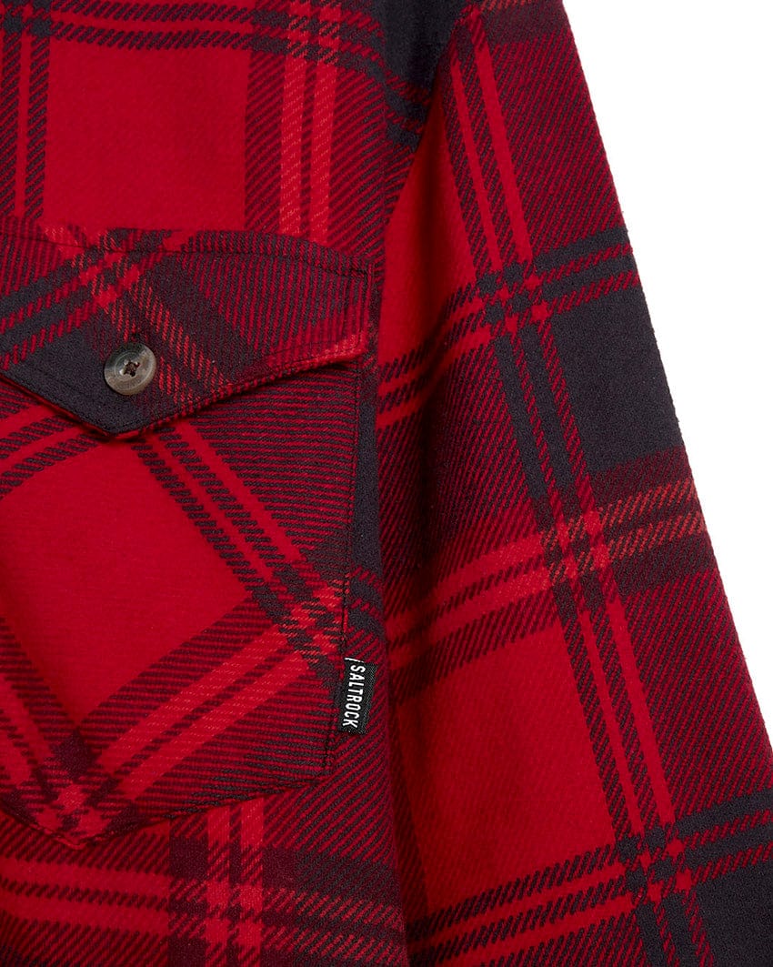 A Saltrock Colter Hooded Shirt in red and black plaid flannel with check fabric.