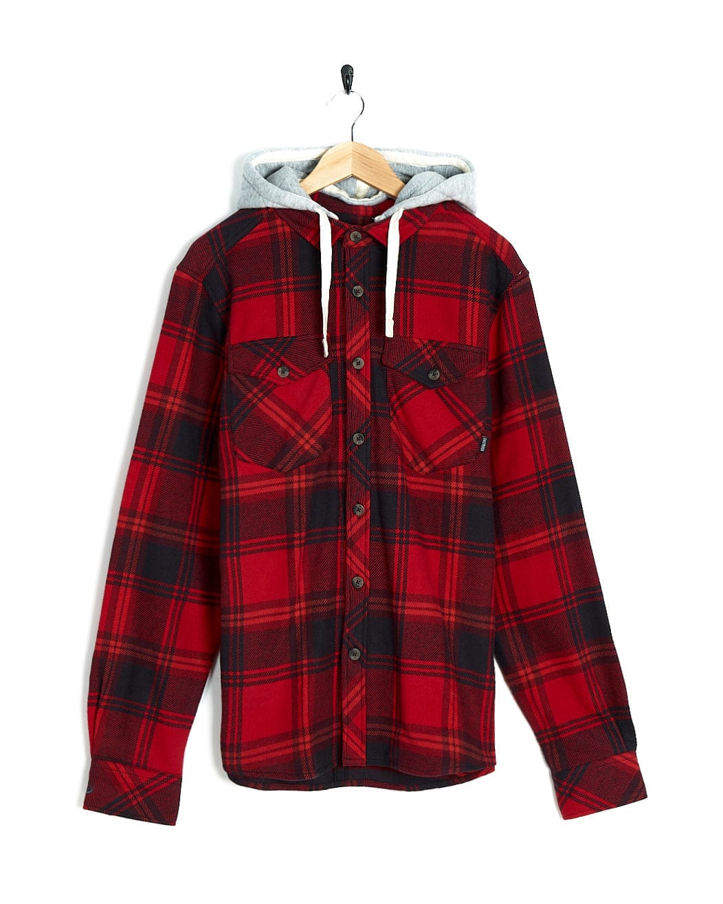 A Colter - Mens Hooded Shirt - Red hanging on a hanger.