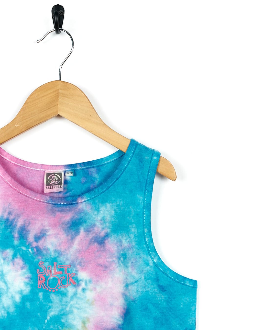 A blue and pink Coralia - Kids Tie Dye Midi Dress - Pink tank top hanging on a hanger by Saltrock.