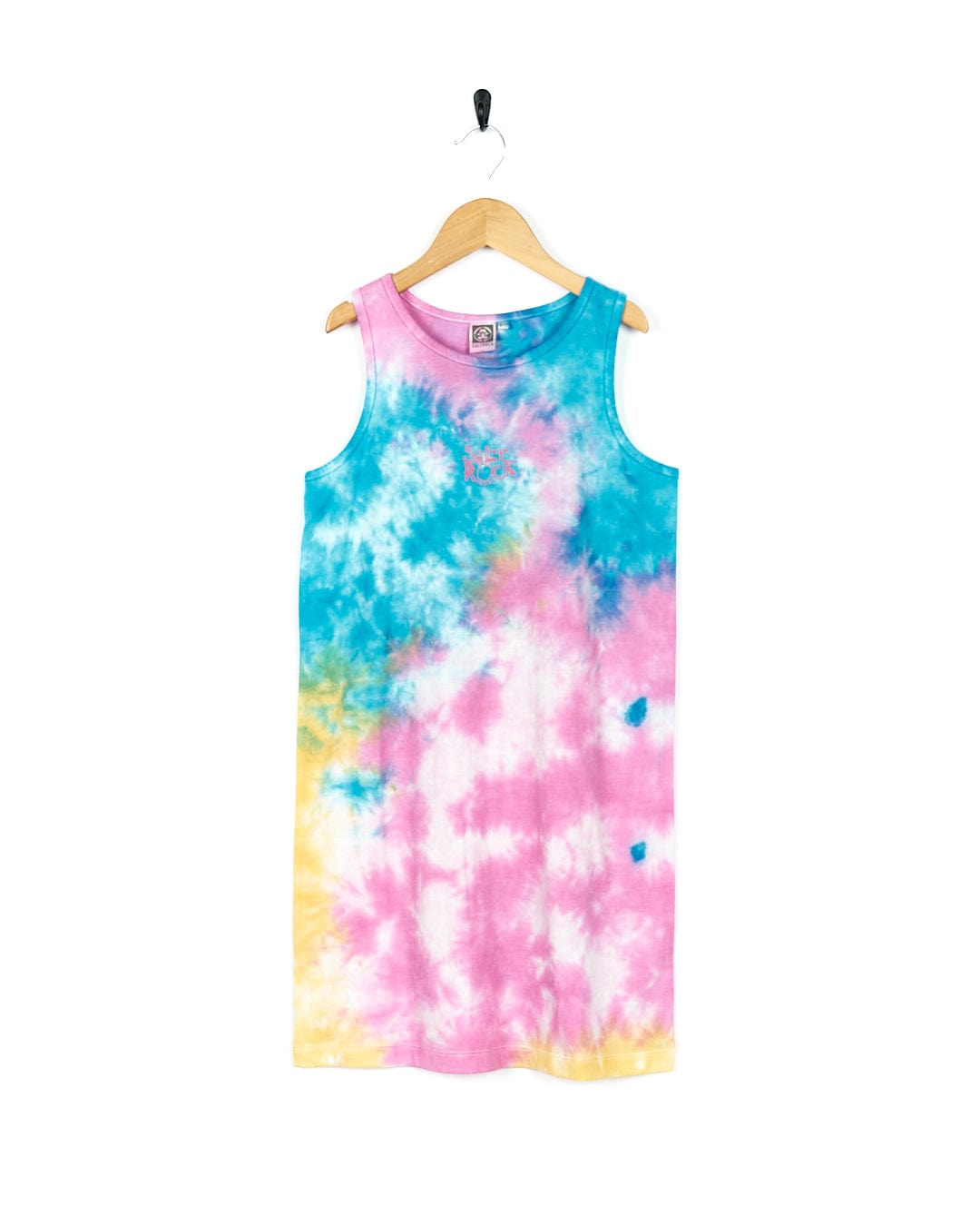 A Saltrock Coralia - Kids Tie Dye Midi Dress - Pink hanging on a hanger.