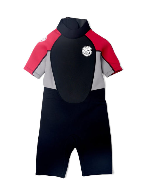 Child's Core - Boys 3/2 Shortie Wetsuit - Black/Red, displayed against a white background.