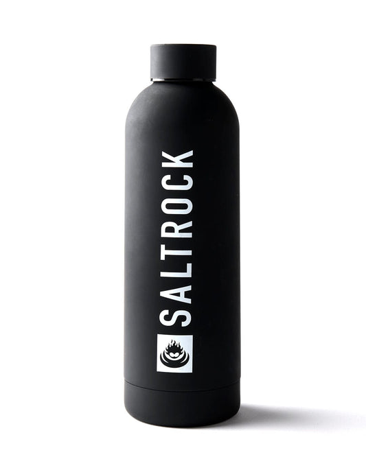 A Core Stainless Steel Water Bottle - Black with the Saltrock branding and screw lid.