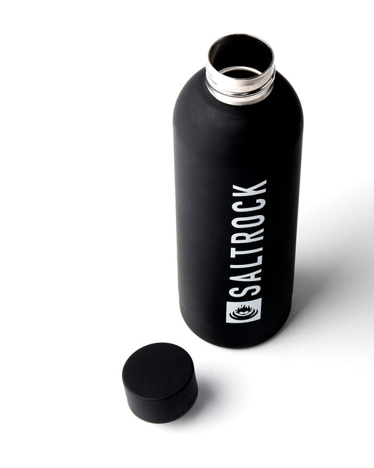 A Core Stainless Steel Water Bottle - Black with the Saltrock branding on it.
