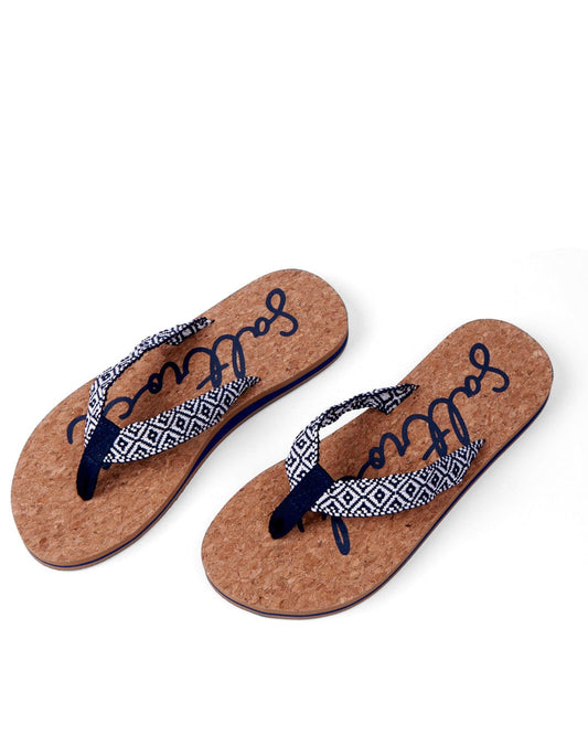 A pair of Corklife flip-flops with Saltrock branding and blue and white patterned straps on a white background.