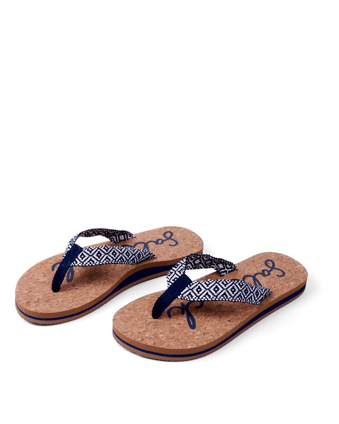 A pair of Corklife flip-flops with navy webbing toe straps on a white background. (Saltrock)
