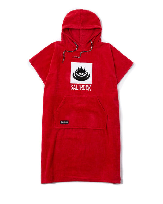 Corp Changing Towel - Red hooded poncho towel, made of soft cotton, with a Saltrock logo on the front.