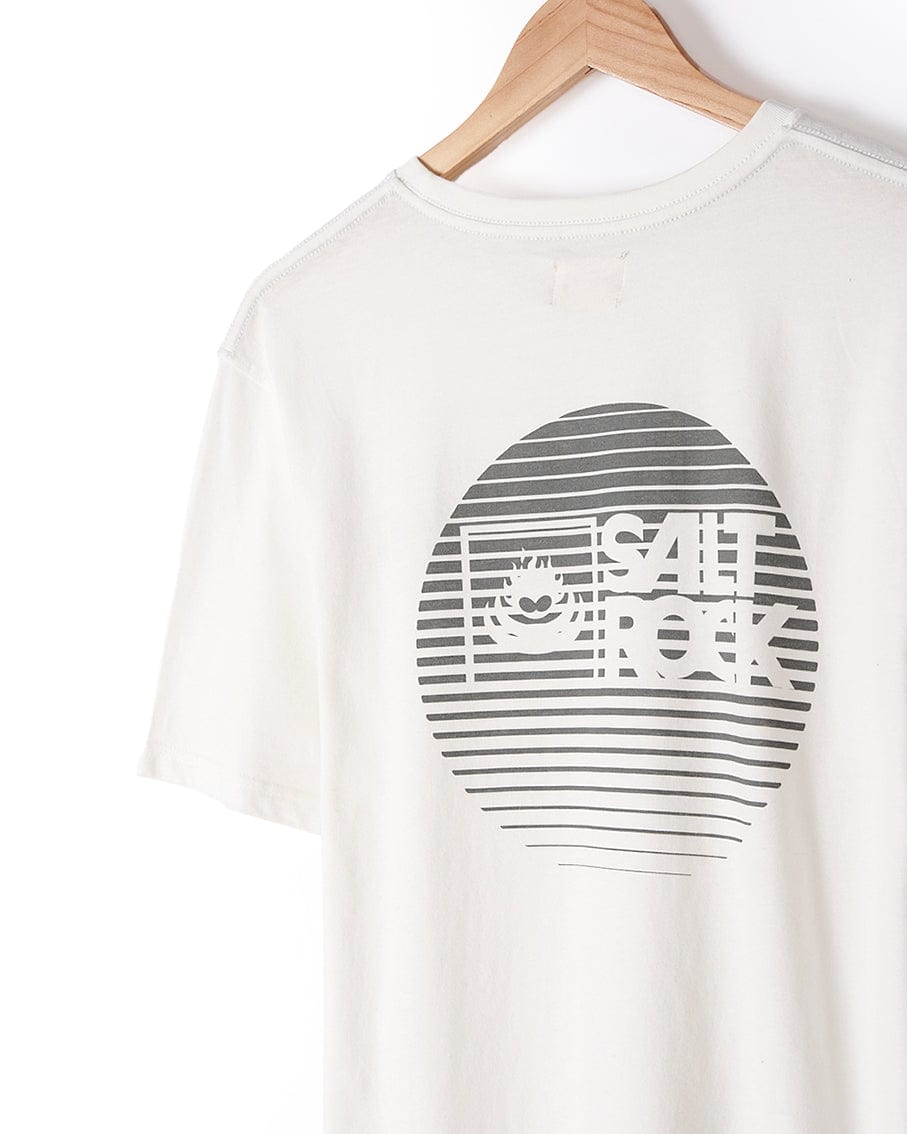 A white Corp Logo Fade - Mens Short Sleeve Tee - White with the Saltrock logo on it.