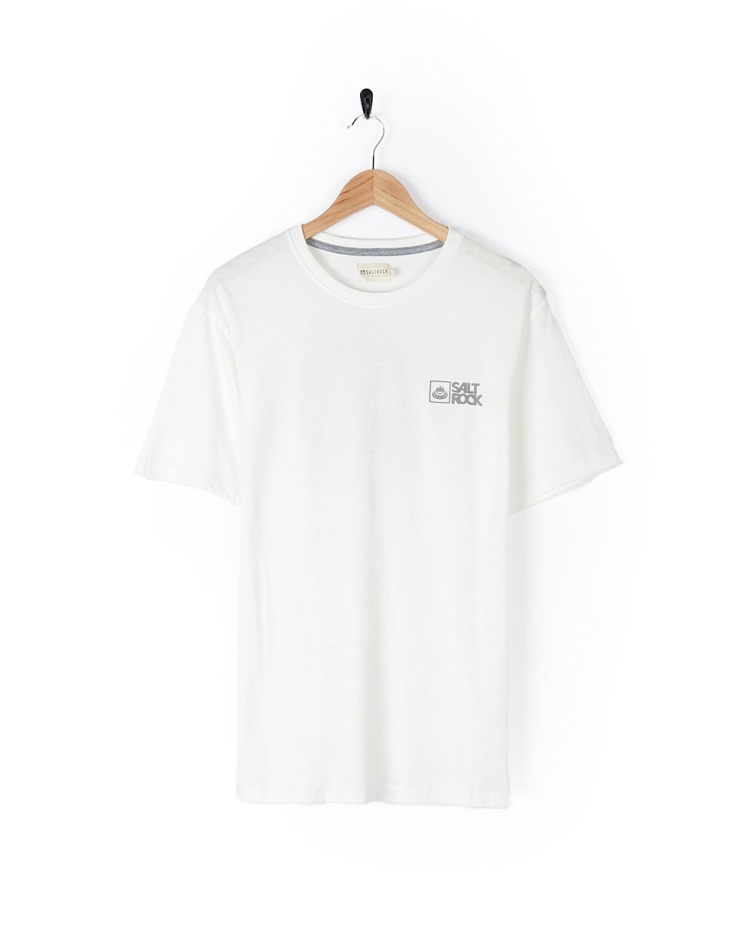 A Saltrock Corp Logo Fade - Mens Short Sleeve Tee - White with a logo on it.