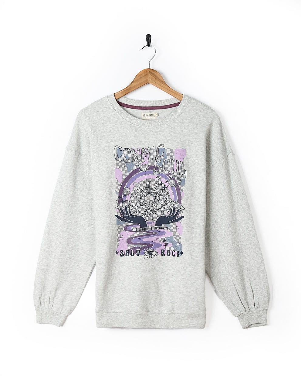 A comfortable Cosmic Soul - Womens Longline Sweat - Light Grey sweatshirt with a stylish purple design. (Brand: Saltrock)