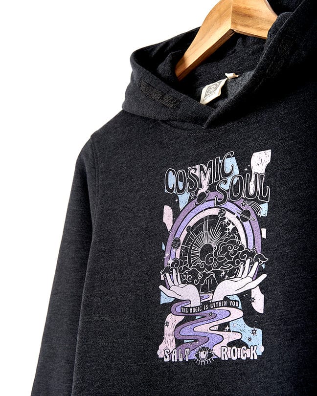The Saltrock Cosmic Soul - Kids Hoodie - Dark Grey features a printed design of a skull, showcasing the edgy and bold style of Saltrock branding.
