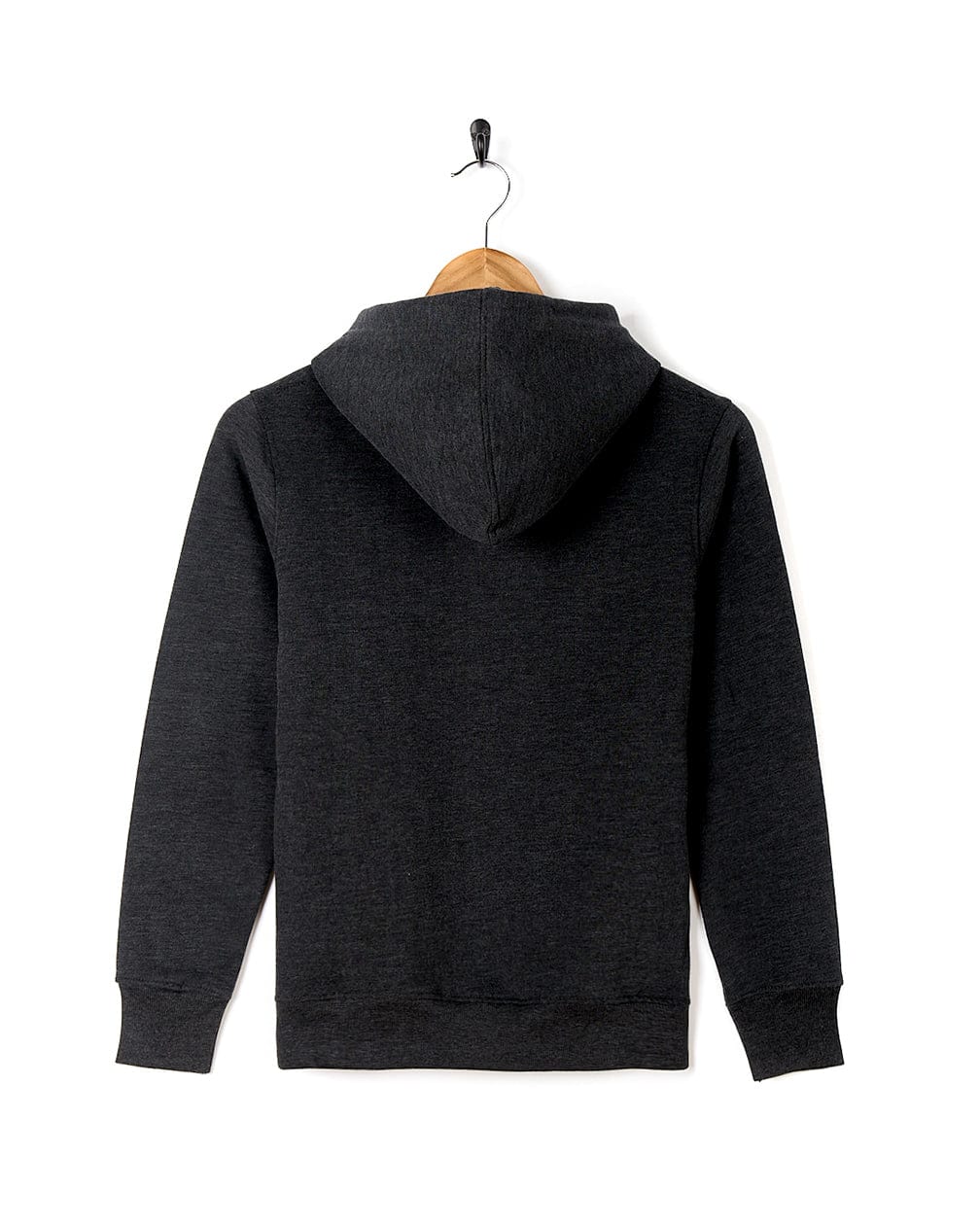 A black Saltrock Cosmic Soul - Kids Hoodie - Dark Grey hanging on a wooden hanger.