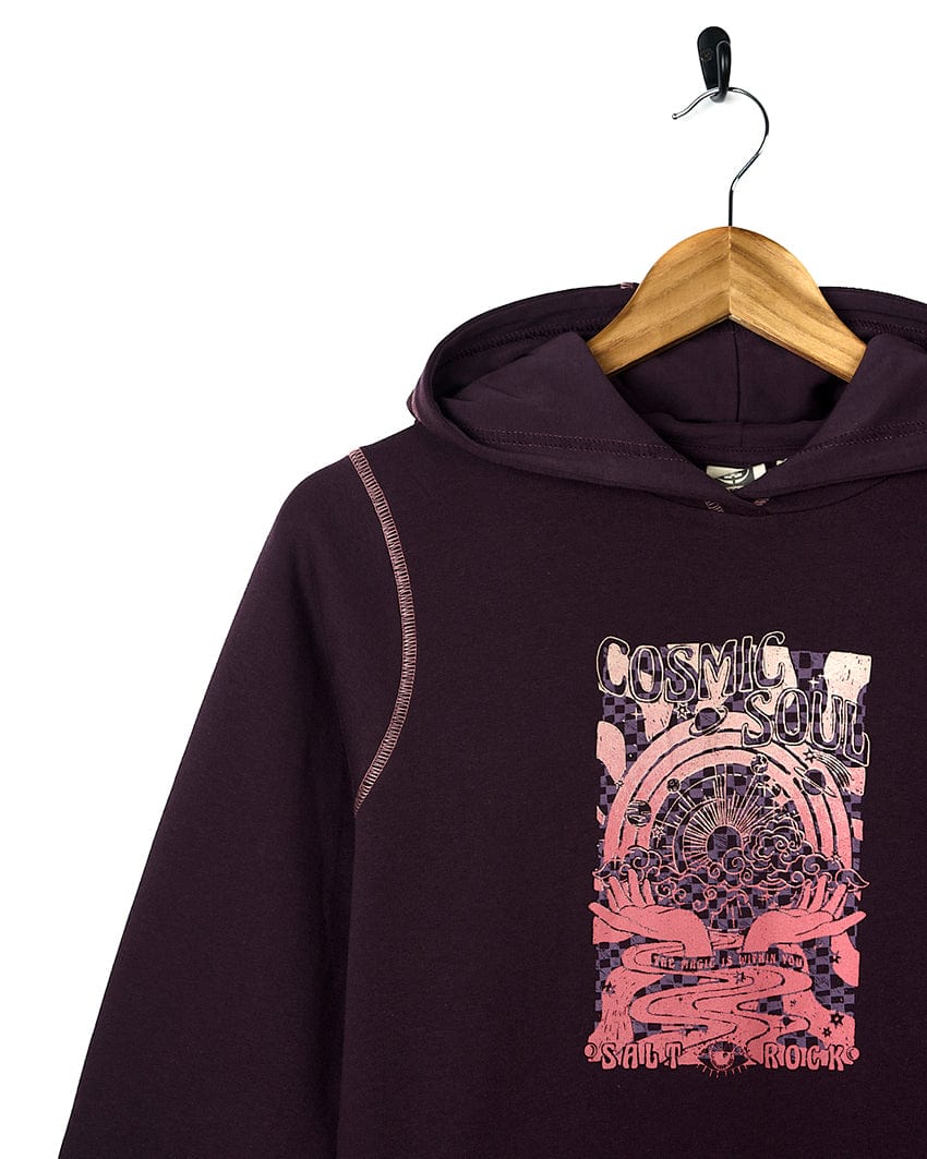 A Cosmic Soul - Kids Pop Longline Hoodie - Dark Purple by Saltrock, with a pink and purple graphic design, perfect for outdoor fun.