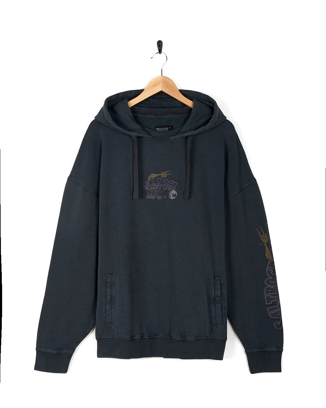 A relaxed fit Creeper Encore - Mens Pop Hoodie - Washed Black with an image of a pineapple on it from Saltrock.