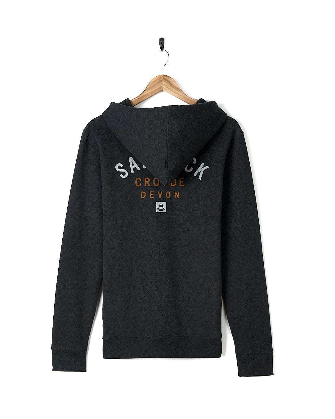 A Saltrock Location Zip Hoodie - Croyde - Dark Grey with the word saack on it.