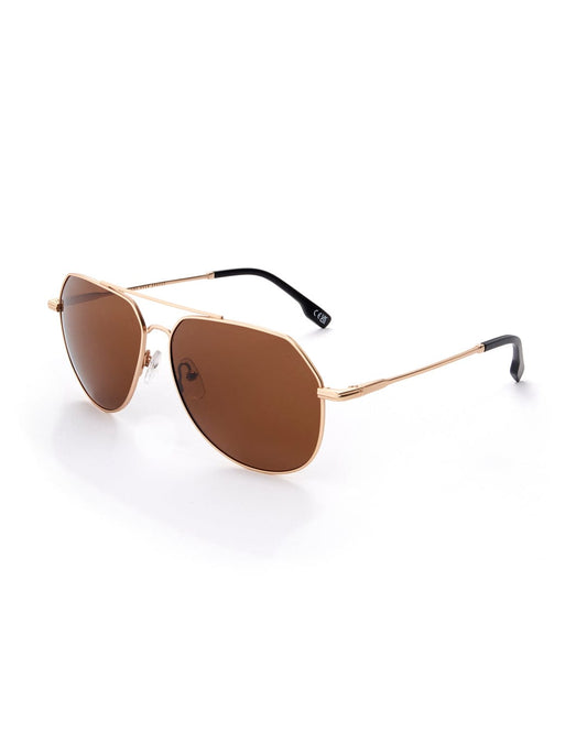 A pair of Saltrock Cruiser Aviator Polarised Sunglasses in Gold with brown lenses on a white background.