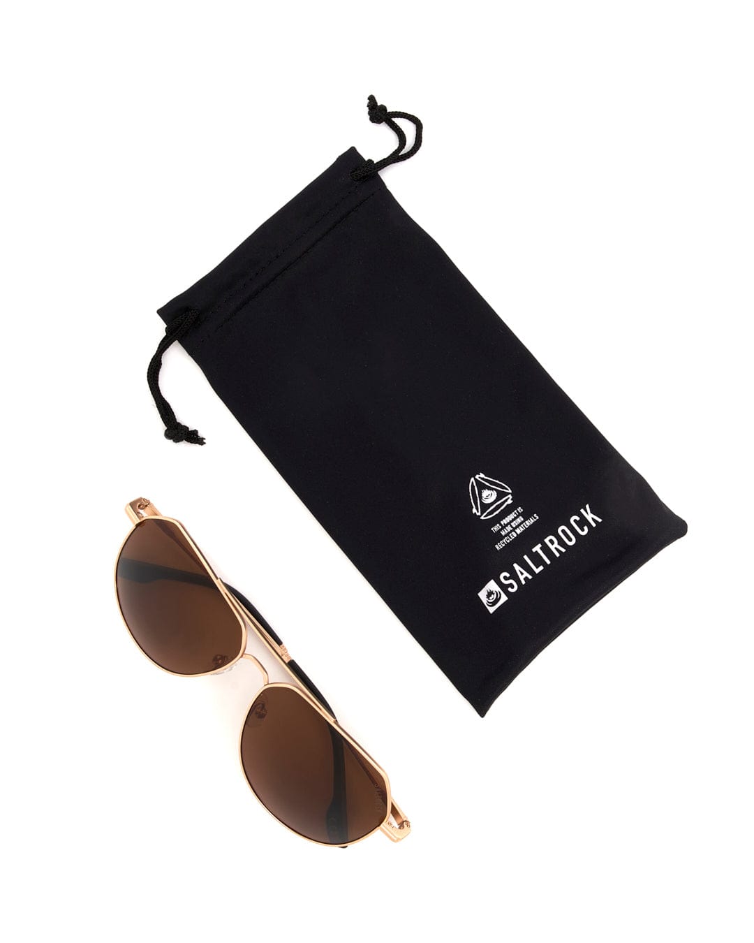 A pair of Cruiser - Aviator Polarised Sunglasses - Gold with a black pouch by Saltrock.