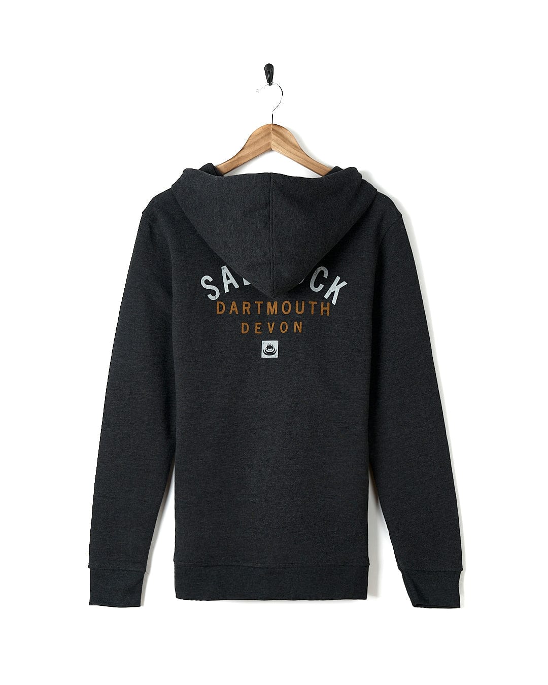 A Location Zip Hoodie - Dartmouth - Dark Grey with the brand Saltrock on it.