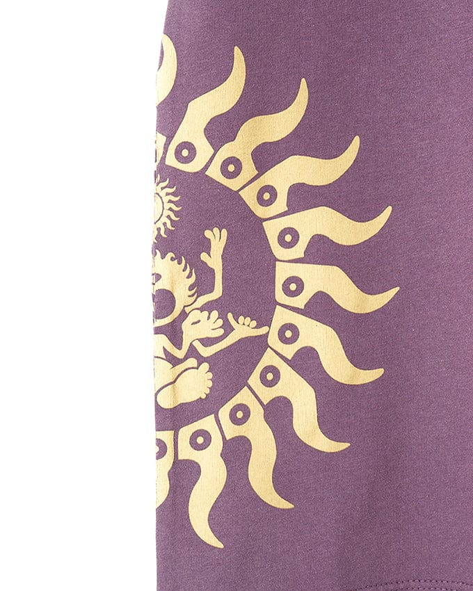 A purple Dawnrise Kids Short Sleeve T-Shirt with a golden sun on it, from Saltrock.