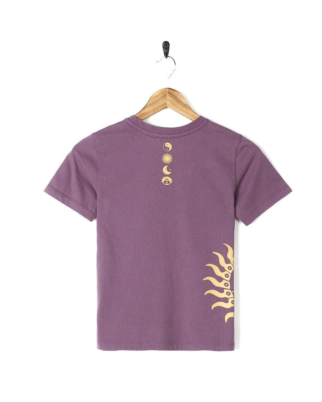 A Saltrock Dawnrise - Kids Short Sleeve T-Shirt - Purple with a golden sun on it.