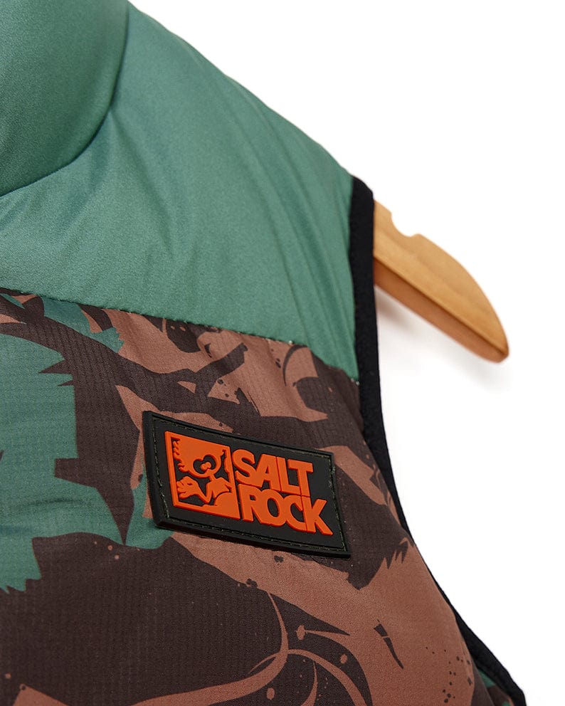 A close up of a Saltrock Destroya - Kids Padded Gilet - Green/Camo bag.