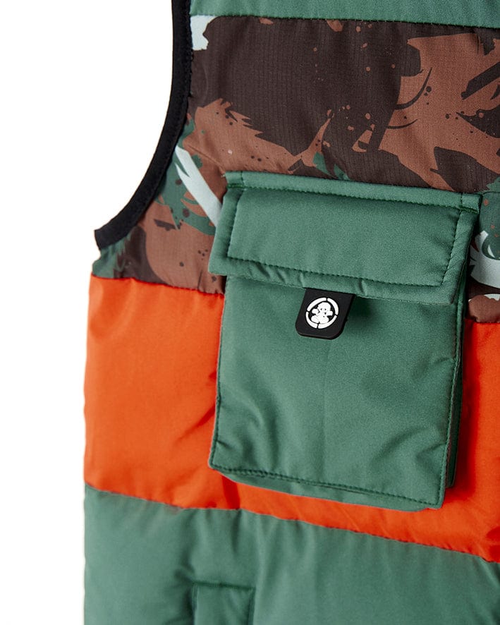 A Saltrock Destroya - Kids Padded Gilet - Green/Camo with a pocket on the front.