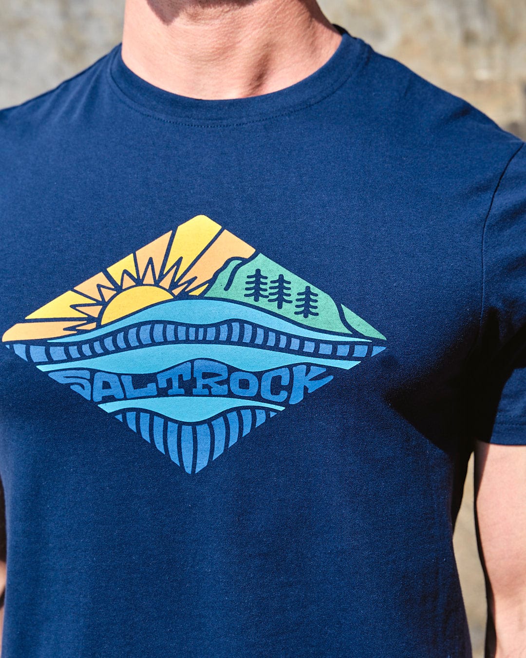 A man wearing a Saltrock Diamond Scene - Mens Short Sleeve T-Shirt - Blue.