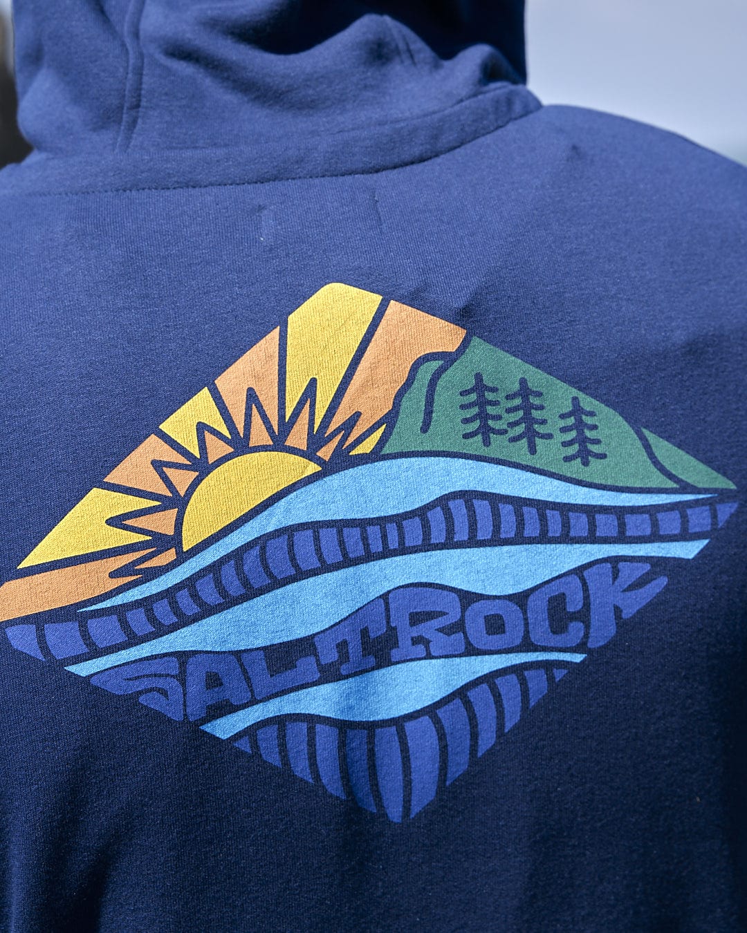 The back of a man wearing a Diamond Scene - Mens Zip Hoodie - Blue from the brand Saltrock.
