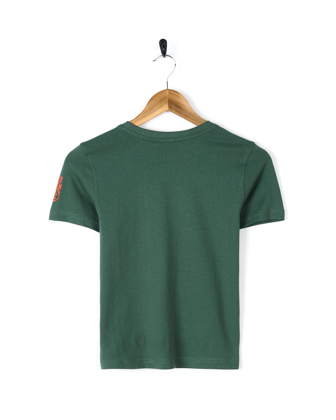 A cool and stylish Saltrock Dinosk8 - Kids Short Sleeve T-Shirt - Green displayed on a wooden hanger.