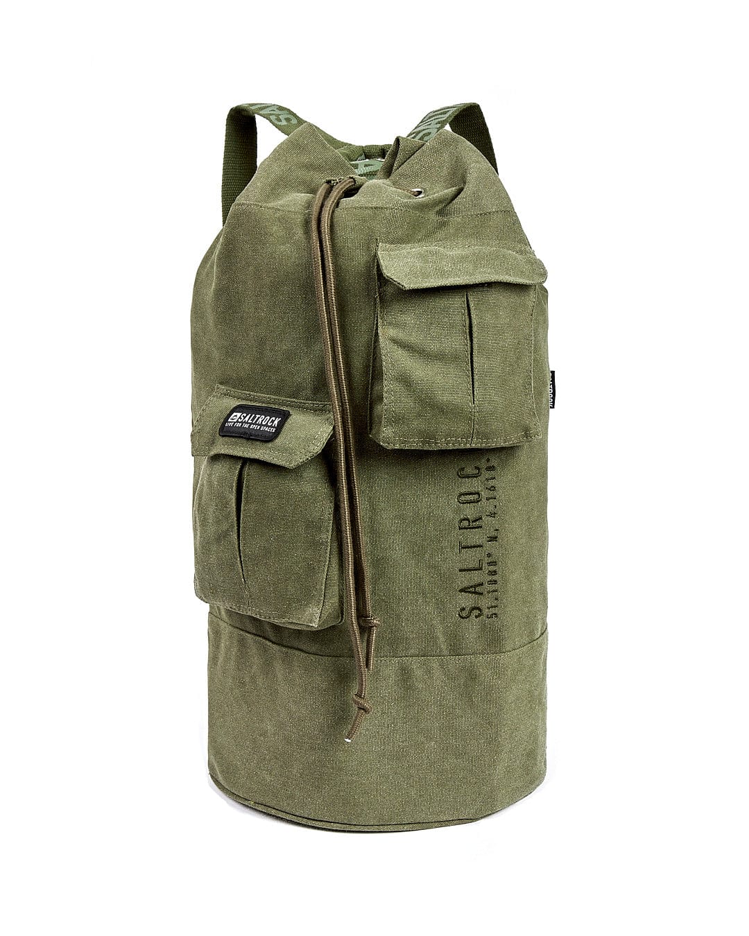 A Saltrock Dockyard - Duffle Bag - Dark Green with two pockets on it.