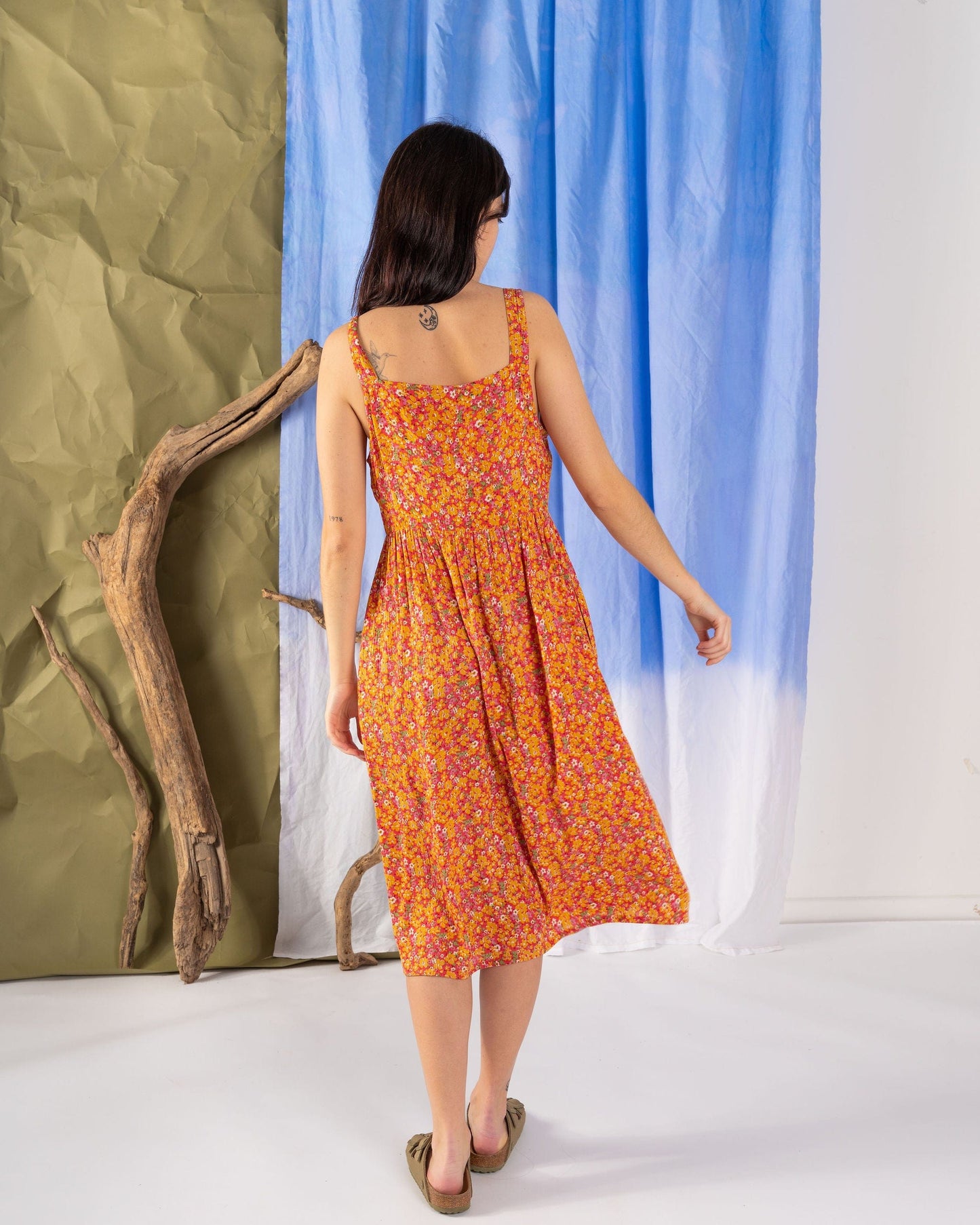 Emmy - Womens Strappy Floral Midi Dress - Coral