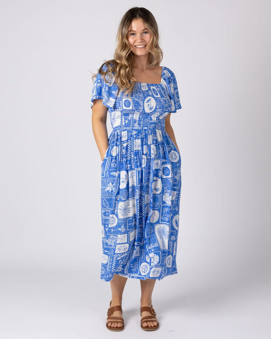 Island Tiles Womens Midi Dress in Bright Blue