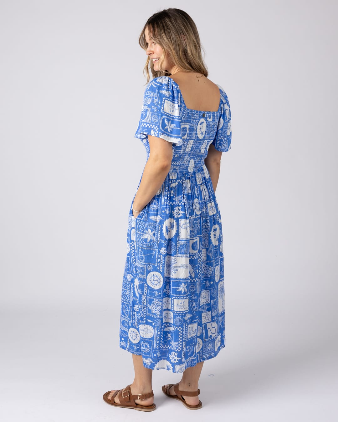 Island Tile Womens Midi Dress in Bright Blue