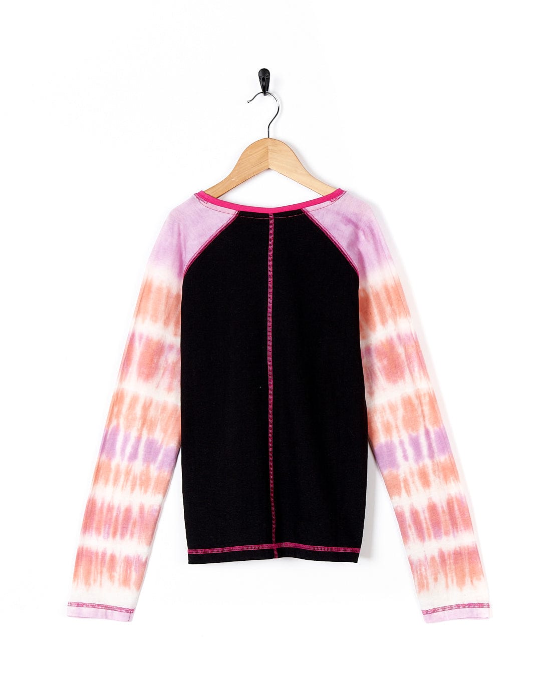 A Saltrock - Elektra Tex - Kids Tie Dye Long Sleeve T-Shirt in Black hanging on a hanger.