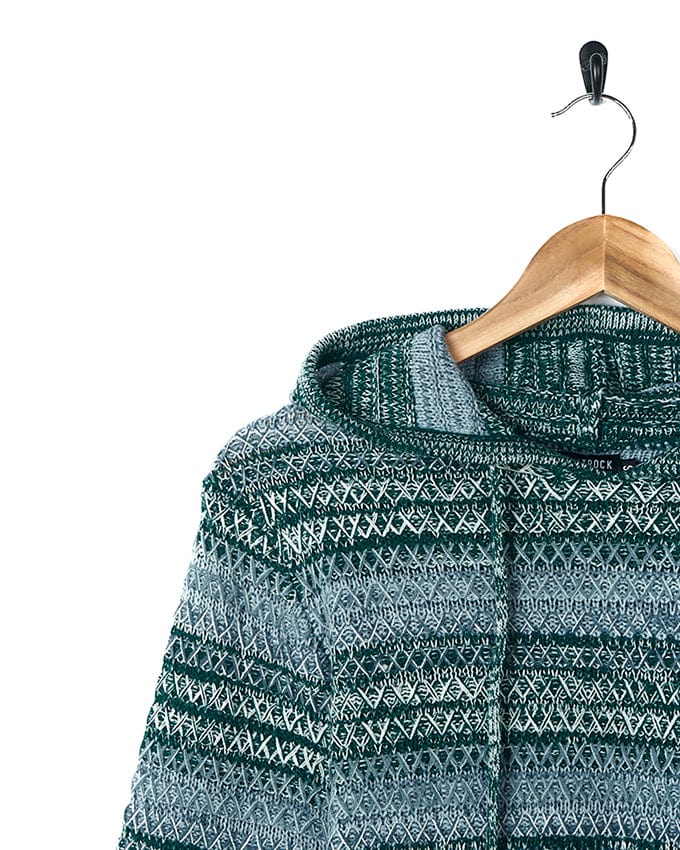 An Erin - Womens Hooded Knit - Light Green sweater from Saltrock hanging on a hanger.