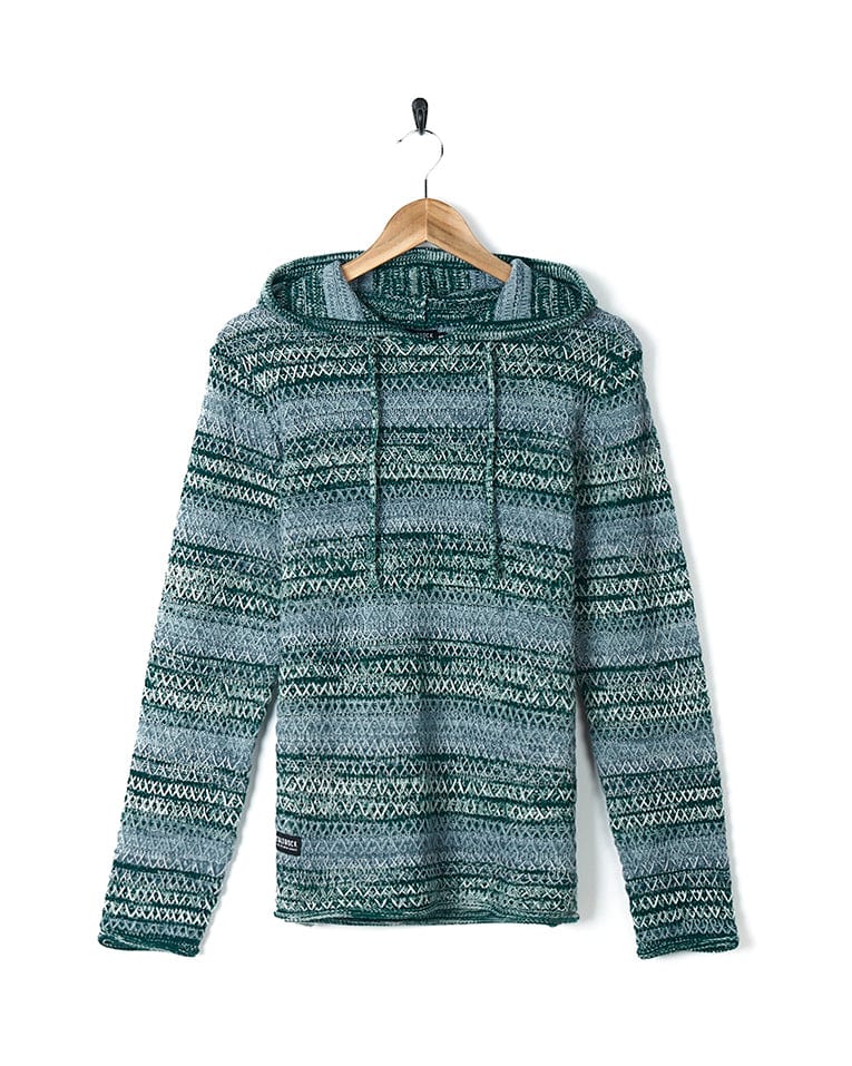 A Saltrock Erin - Womens Hooded Knit - Light Green sweater hanging on a hanger.